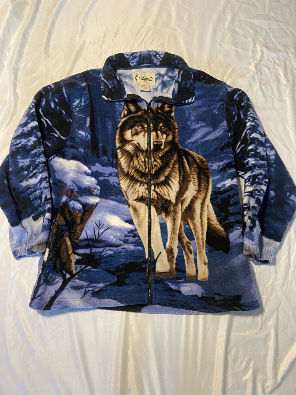 Vintage Kokopelli all over print Blue Wolf Zip-Up Fleece Jacket